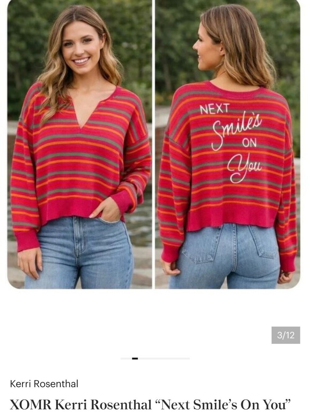 Kerri Rosenthal Red Striped V-Neck Sweater - "Next Smile's On You" Size Medium
